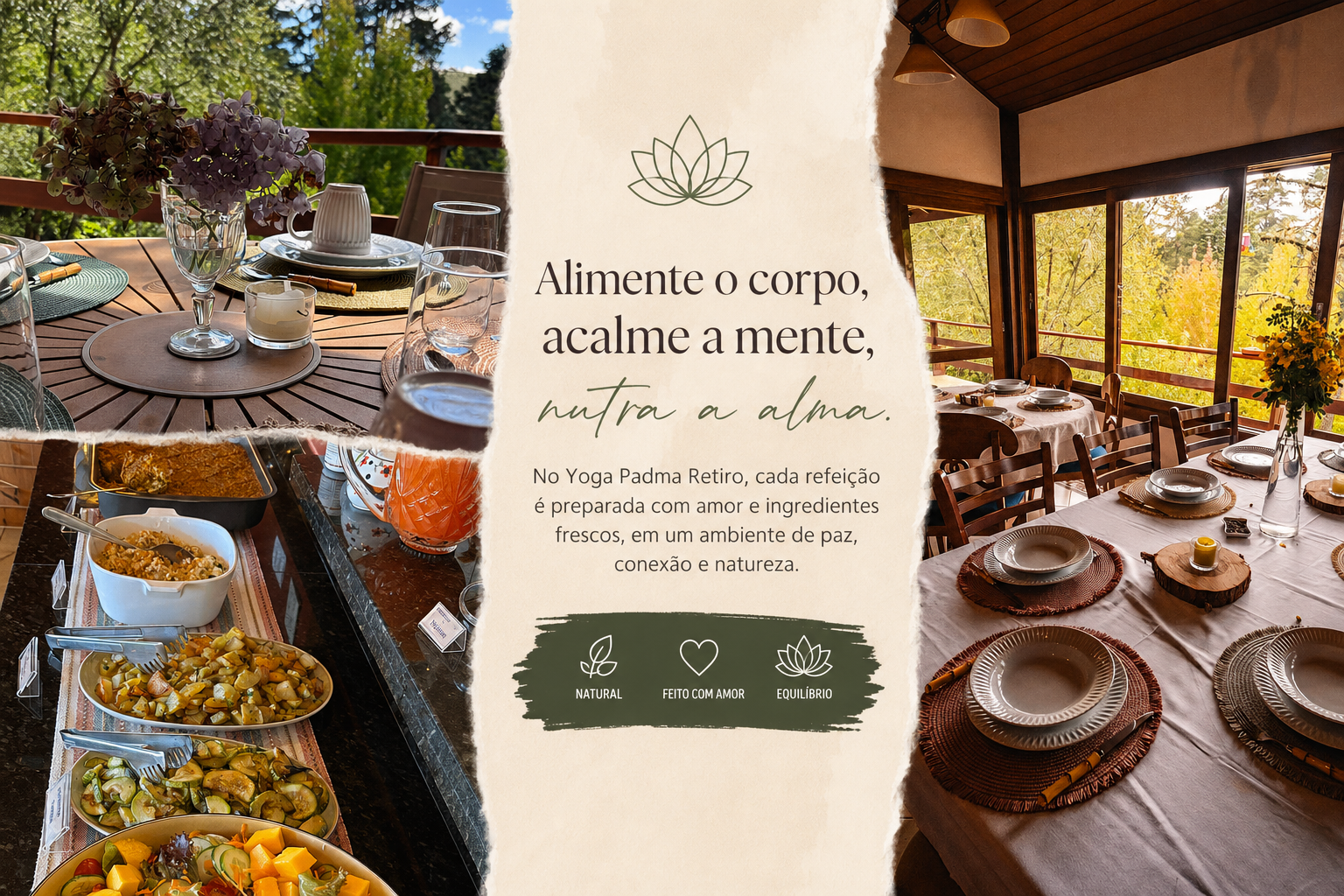 Mesa posta e alimentos preparados para as refeições do retiro Yoga nas Montanhas
