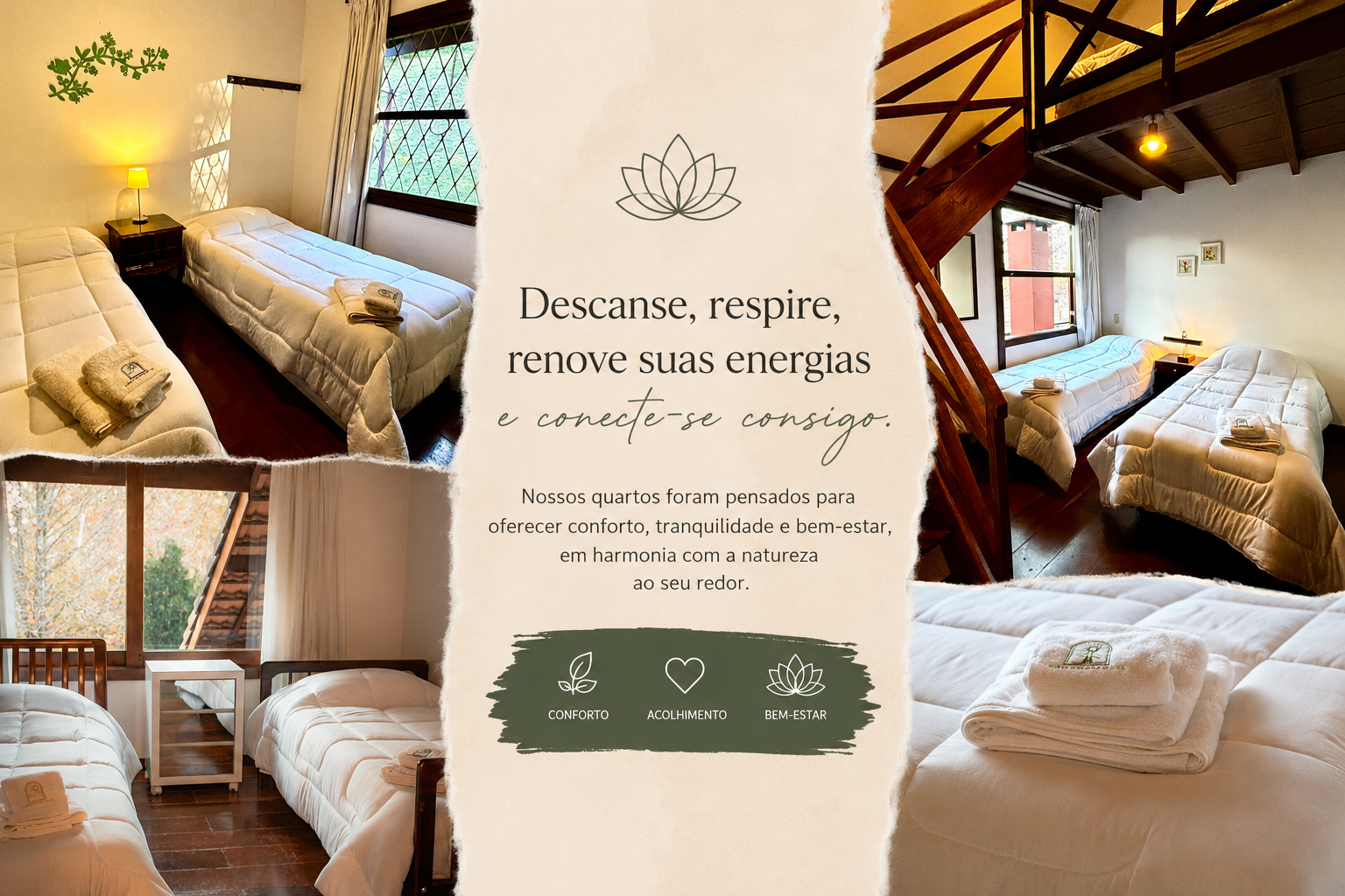 Quartos do retiro com camas preparadas, toalhas e ambiente acolhedor